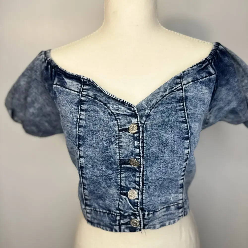 Denim Crop Top Puff Sleeve Women’s XL Acid Y2K Western Coquette Festival Rodeo - Picture 10 of 16